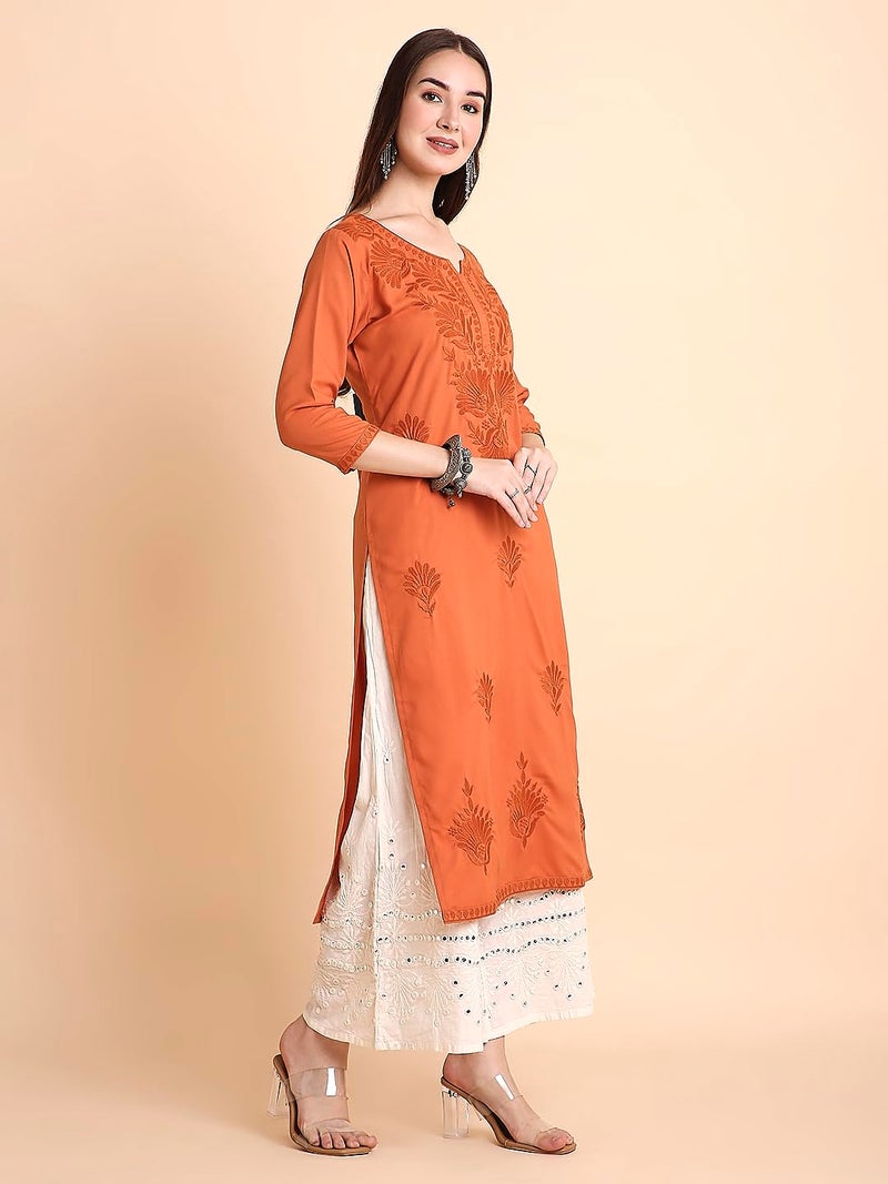 RATAN Women Rayon Straight Fit Lucknowi Chikankari Ethnic Wear Kurta (MEHR-1789-3XL_Rust Orange) - Image 5