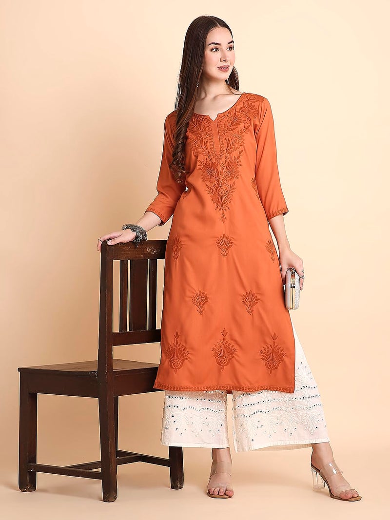 RATAN Women Rayon Straight Fit Lucknowi Chikankari Ethnic Wear Kurta (MEHR-1789-3XL_Rust Orange) - Image 4