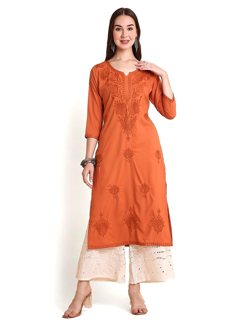 RATAN Women Rayon Straight Fit Lucknowi Chikankari Ethnic Wear Kurta (MEHR-1789-3XL_Rust Orange) - Image 1