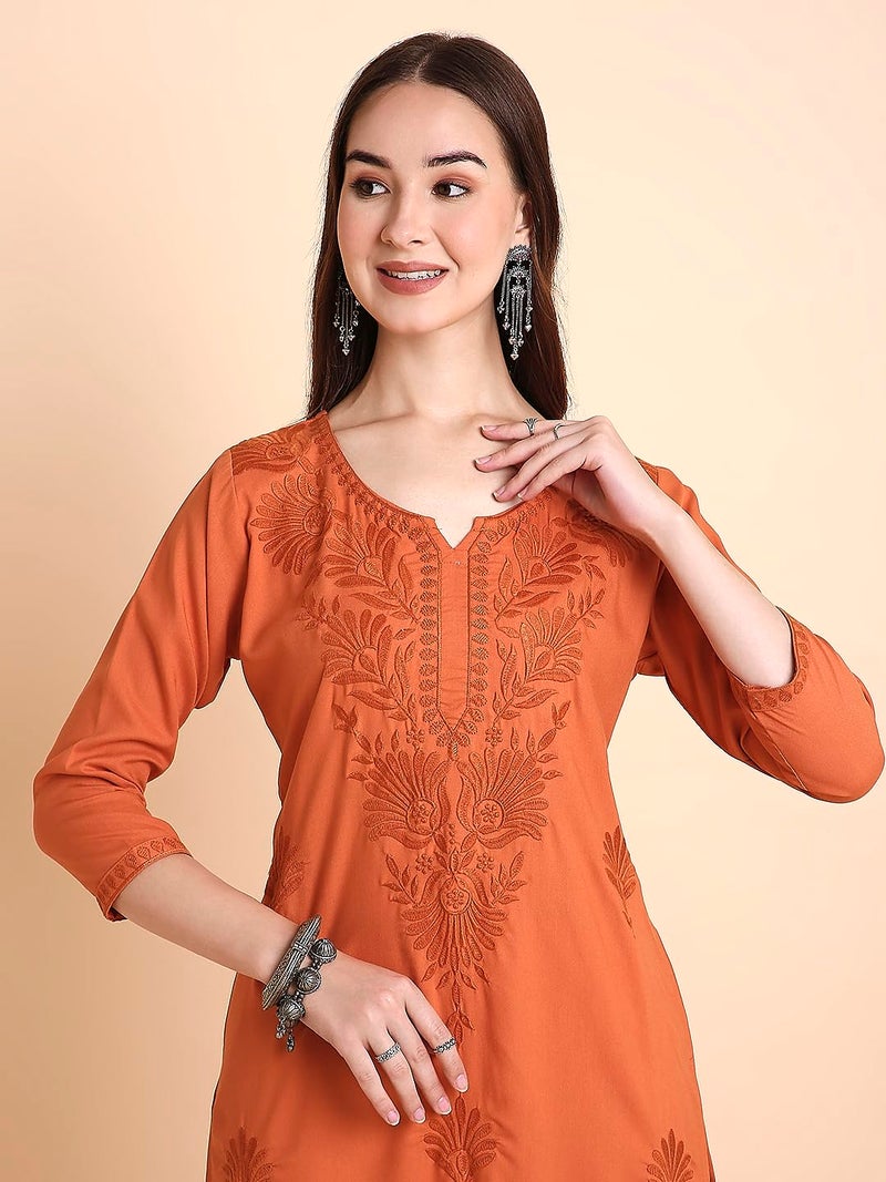 RATAN Women Rayon Straight Fit Lucknowi Chikankari Ethnic Wear Kurta (MEHR-1789-3XL_Rust Orange) - Image 3