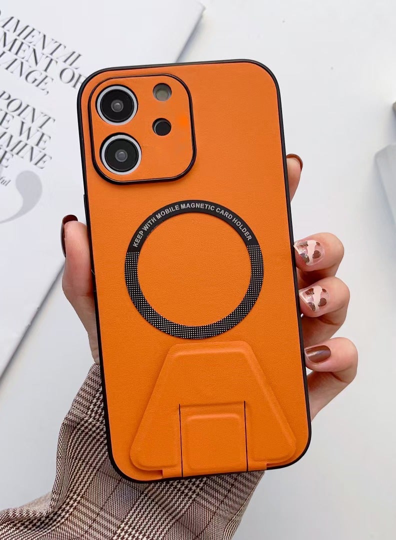 LEEKA iPhone 12 LEEKA Magsafe Wireless Charging Mobile Phone Leather Case For iPhone 14 Plus 13 Mini 12 11 Pro Max XS XR Buckle Ring Stand Back Cover apple iPhone 12 (Orange) - Image 1