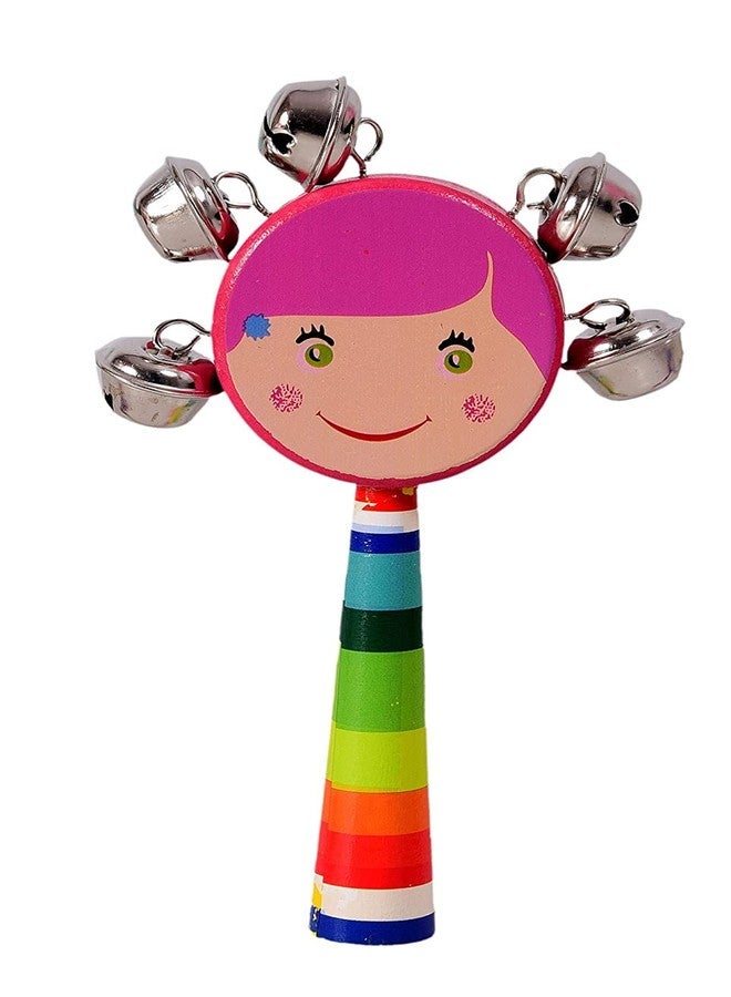 Smartcraft Baby Handle Jingle Bell Round Face Rattle Toys in a Colorful Wooden Rainbow (Multicolour) Pack of 1 - Image 1