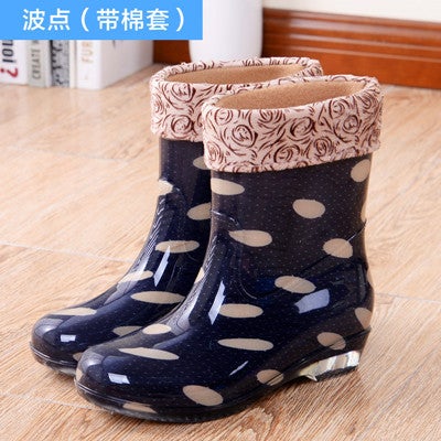 Korean Style Fleece-lined Mid-barrel Fashion Rain Boots Womens Outerwear New Fashionable Crystal Work Womens Rain Boots203 dot black (plus Cotton) 203 dot black (plus Cotton) 