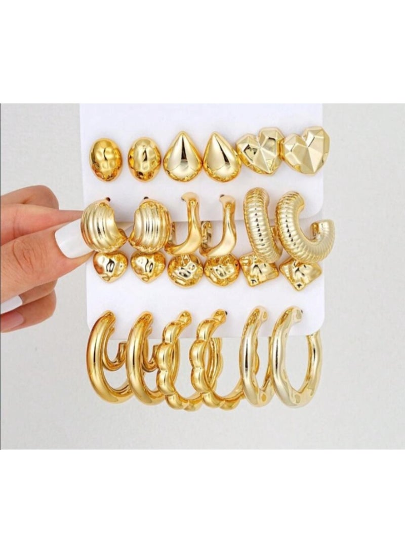Huitich 12-Piece Gold Hoop & Stud Earring Set Geometric Design, Lightweight Alloy (Size: 2cm–4.4cm) - Image 1