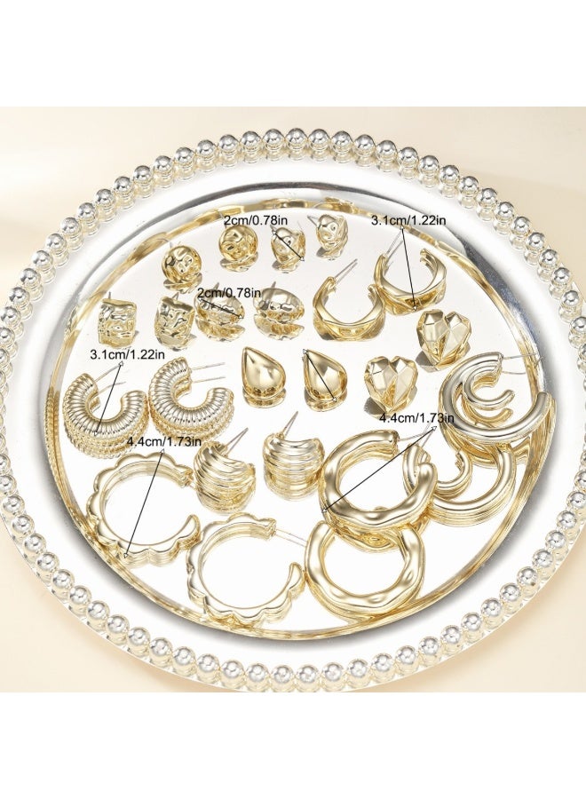 Huitich 12-Piece Gold Hoop & Stud Earring Set Geometric Design, Lightweight Alloy (Size: 2cm–4.4cm) - Image 5