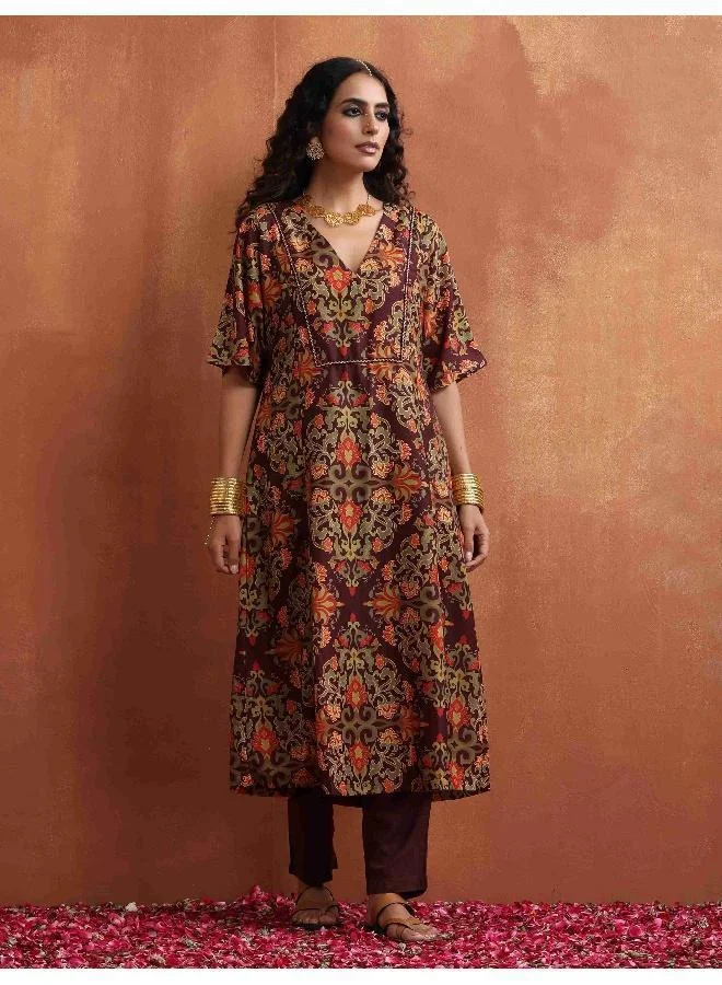 Brown Floral Print Kaftan Kurta Set