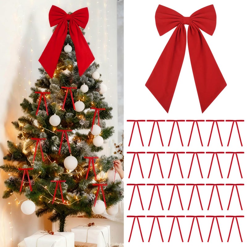 CEELGON Large Red Velvet Christmas Tree Topper Bow 24 Pcs Long Velvet Ribbon Bows Xmas Decorations Ornaments Garland for Holiday Home Decor Red - Image 2