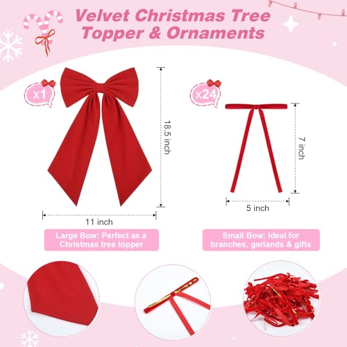 CEELGON Large Red Velvet Christmas Tree Topper Bow 24 Pcs Long Velvet Ribbon Bows Xmas Decorations Ornaments Garland for Holiday Home Decor Red - Image 3