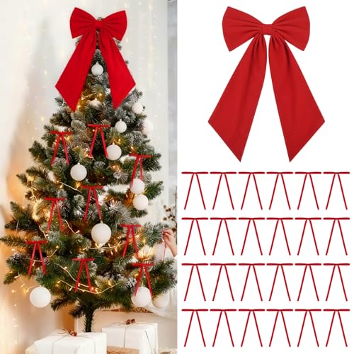 CEELGON Large Red Velvet Christmas Tree Topper Bow 24 Pcs Long Velvet Ribbon Bows Xmas Decorations Ornaments Garland for Holiday Home Decor Red - Image 1