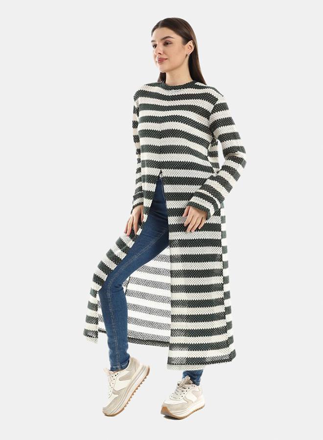 kady Jamila Women Striped Cotton Long Tunic Top With Front Slit ,olive-XXL - Image 2