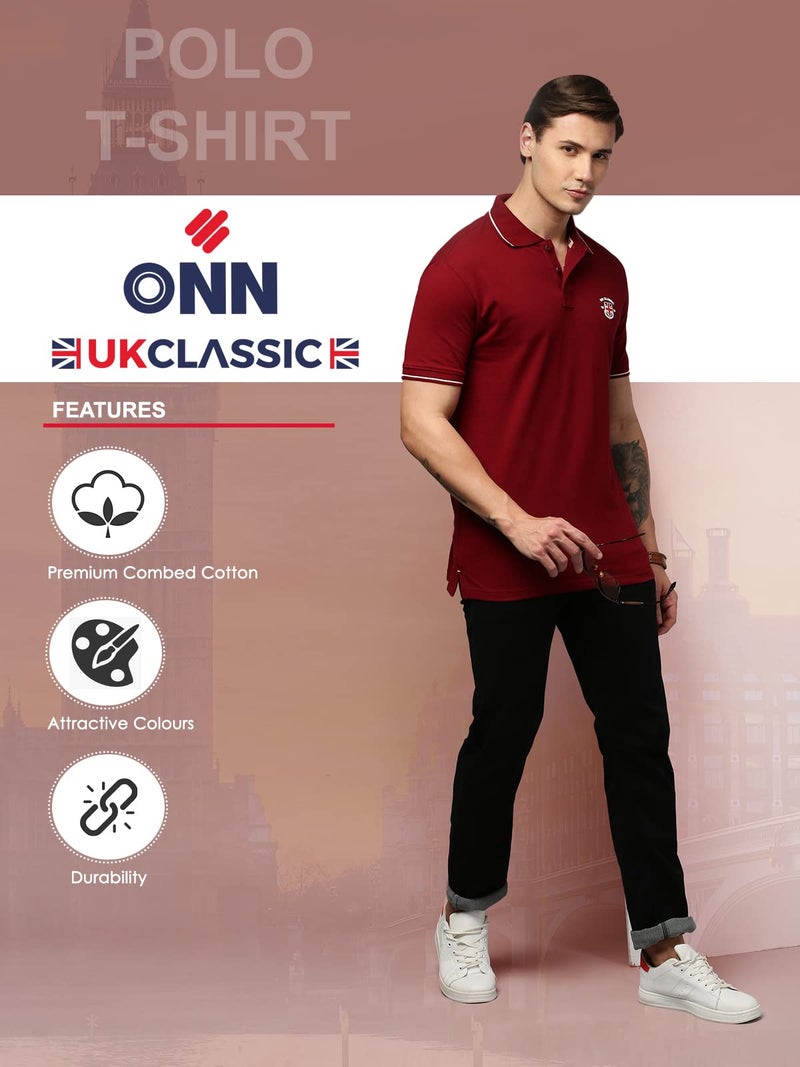 ONN UK Classic Men's Maroon Premium Combed Cotton Polo Collar Half Sleeves Solid T-Shirt | Polo T-Shirt with Face Mask (Size : Medium) - Image 3