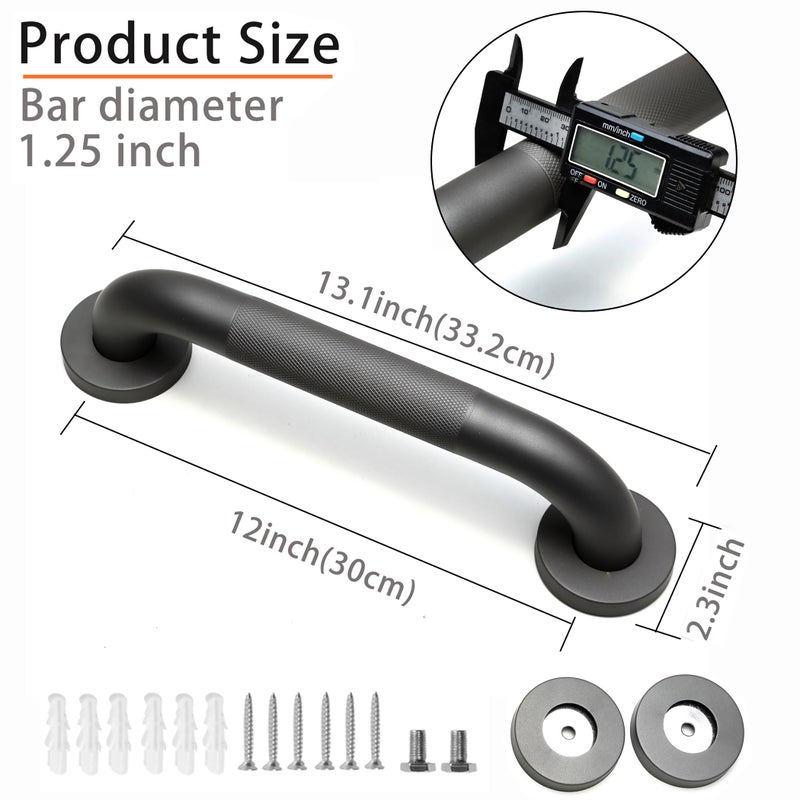 Rackickyer Shower Grab Bar  2 Pack 12 Inch Gray Bathroom Grab Bar  1.25"" Diameter 304 Stainless Steel Anti-Slip Grab Bars For Bathtubs And Showers  Handicap Shower Grab Bar For Seniors Elderly - Image 2