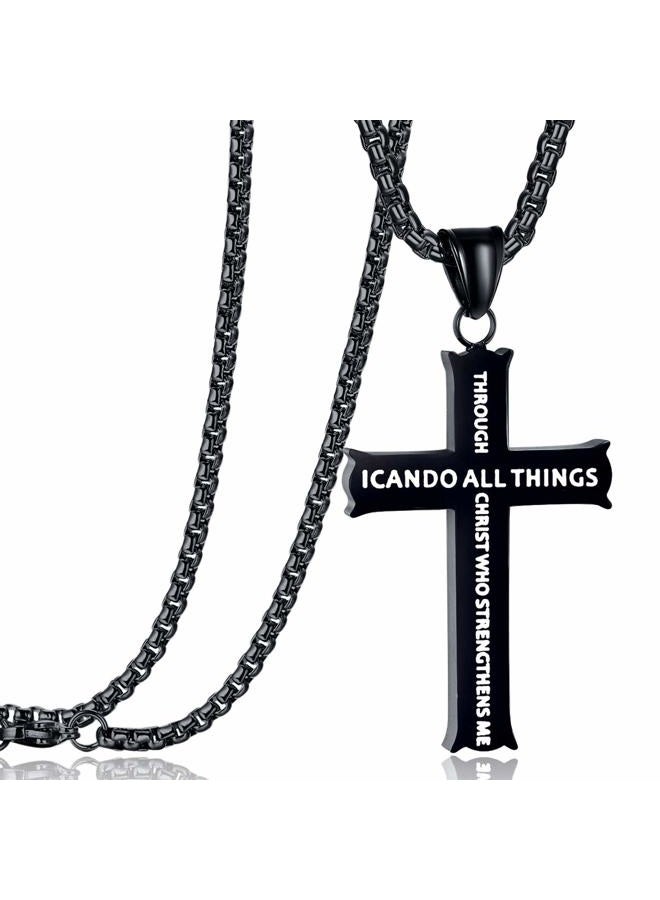 Rehoboth Stainless Steel Cross Pendant Necklaces for Girls Boys Men Women Philippians 4:13 Strength Bible Verse I Can Do All Things Chain 24 Inch - Image 1