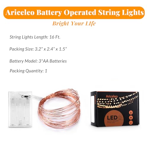 Ariceleo Led Fairy Lights Battery Operated, 1 Pack Mini Battery Powered Copper Wire Starry Fairy Lights for Bedroom, Christmas, Parties, Wedding, Centerpiece, Decoration (5m/16ft Cool White) - Image 2