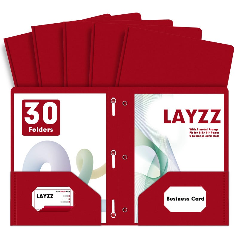 LAYZZ Plastic 2 Pocket Folders with Prongs, 30 Pack, Heavyweight, Letter Size Poly Folders with 3 Metal Prongs Fastener Clips (Red) - Image 1