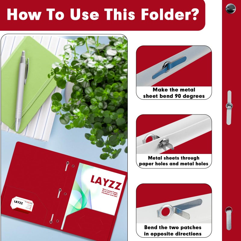 LAYZZ Plastic 2 Pocket Folders with Prongs, 30 Pack, Heavyweight, Letter Size Poly Folders with 3 Metal Prongs Fastener Clips (Red) - Image 4