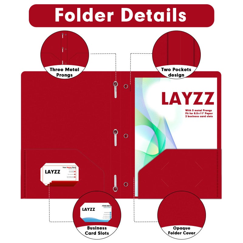 LAYZZ Plastic 2 Pocket Folders with Prongs, 30 Pack, Heavyweight, Letter Size Poly Folders with 3 Metal Prongs Fastener Clips (Red) - Image 3
