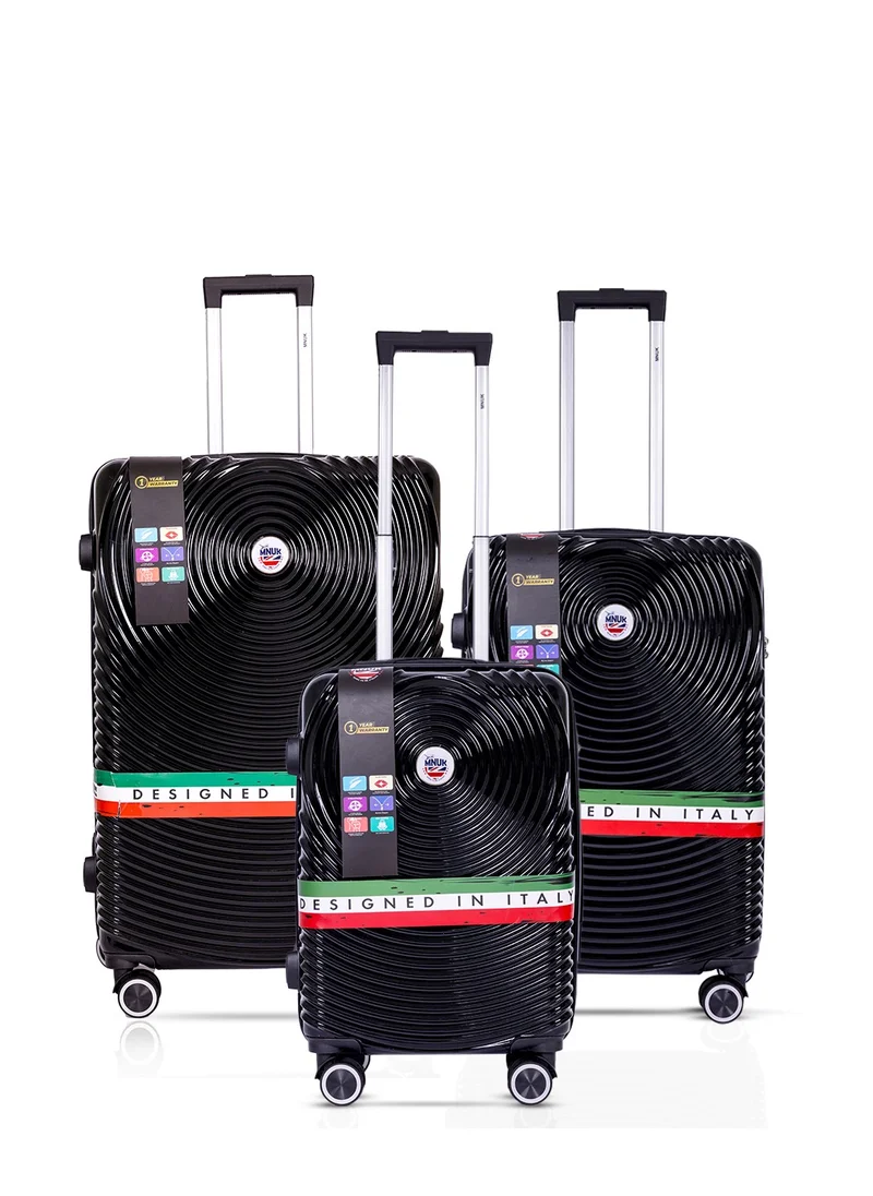 MNUK Cruise Set of 3 Luggage | Hardside Soft Handle Trolley with USB Port & TSA Lock |Double 360° 8 Wheeler| Cabin-20 Inch, Medium- 24 Inch, Large-28 Inch| Black