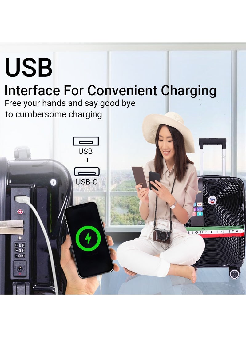 منيك - مجموعة كروز مكونة من 3 أمتعة | عربة بمقبض ناعم من الجانب الصلب مع منفذ USB وقفل عالمي | عربة مزدوجة 360 درجة بأربع عجلات| كابينة-20 بوصة، متوسطة-24 بوصة، كبيرة-28 بوصة| أسود - Image 1