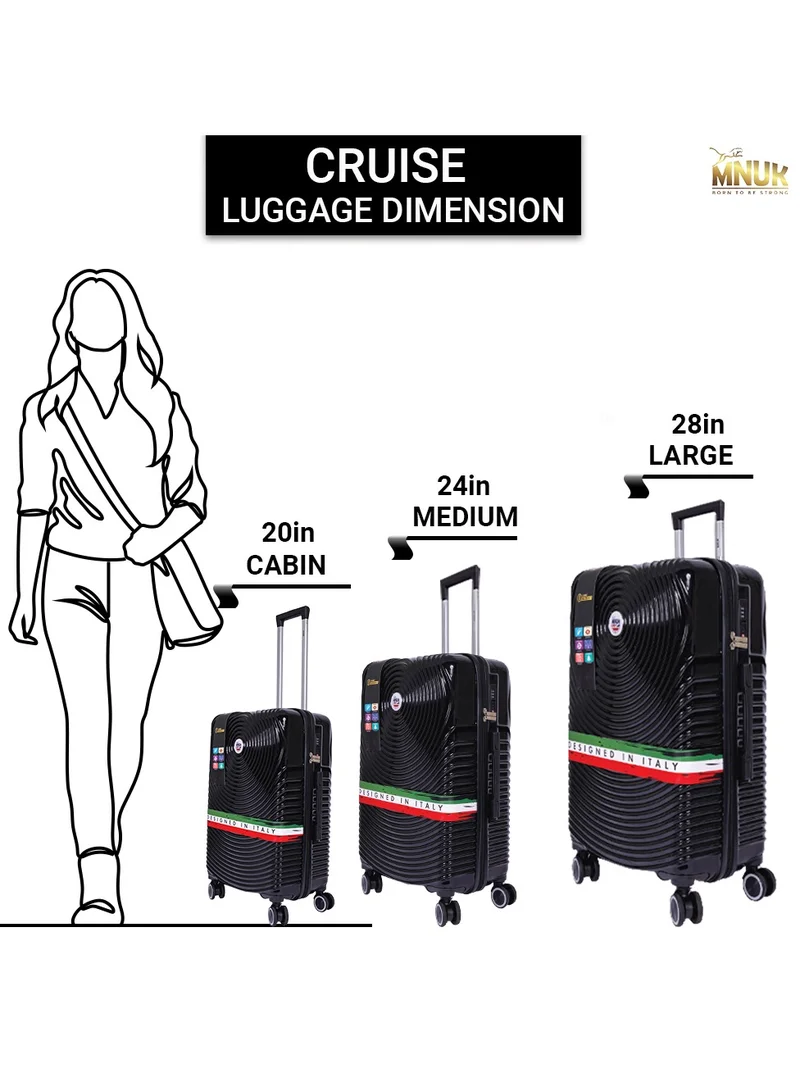 MNUK Cruise Set of 3 Luggage | Hardside Soft Handle Trolley with TSA Lock |Double 360° 8 Wheeler| Cabin-20 Inch, Medium- 24 Inch, Large-28 Inch| Black