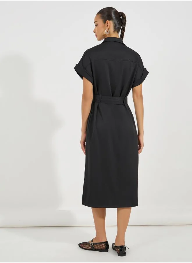 Styli Belted Shirt Midi Dress with Turn-Up Sleeves