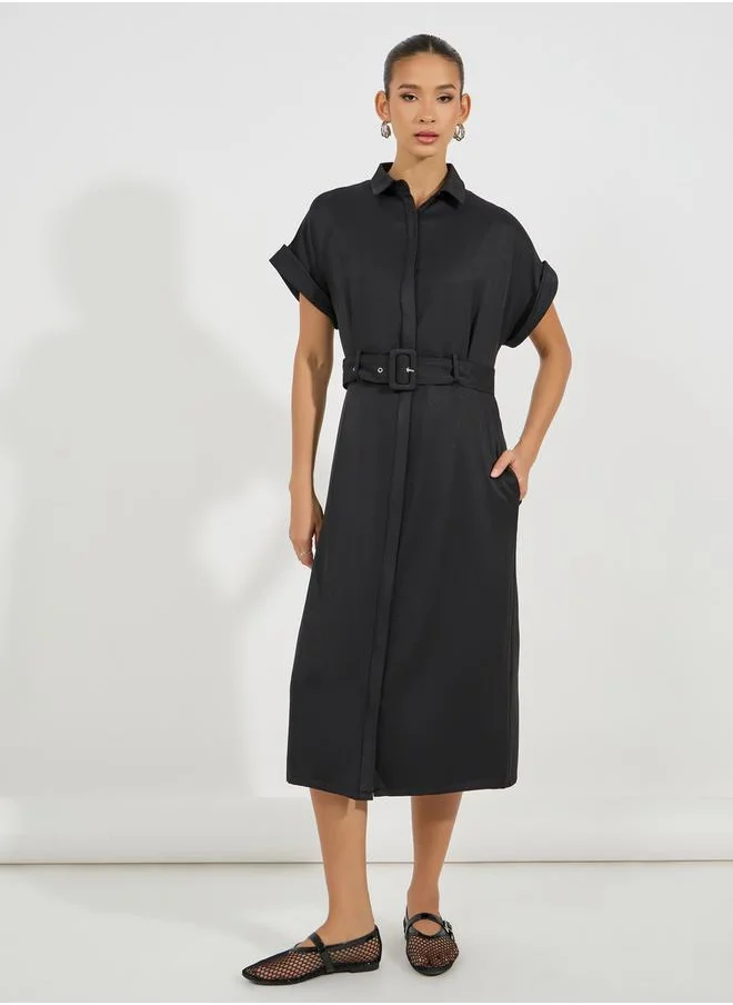 Styli Belted Shirt Midi Dress with Turn-Up Sleeves