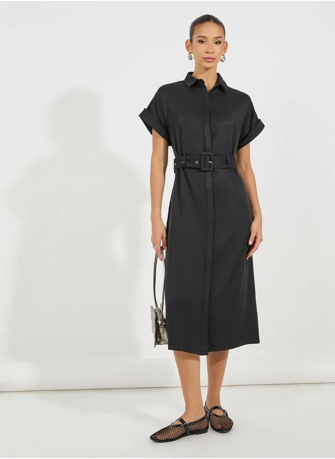 Styli Belted Shirt Midi Dress with Turn-Up Sleeves