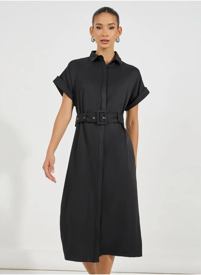 Styli Belted Shirt Midi Dress with Turn-Up Sleeves