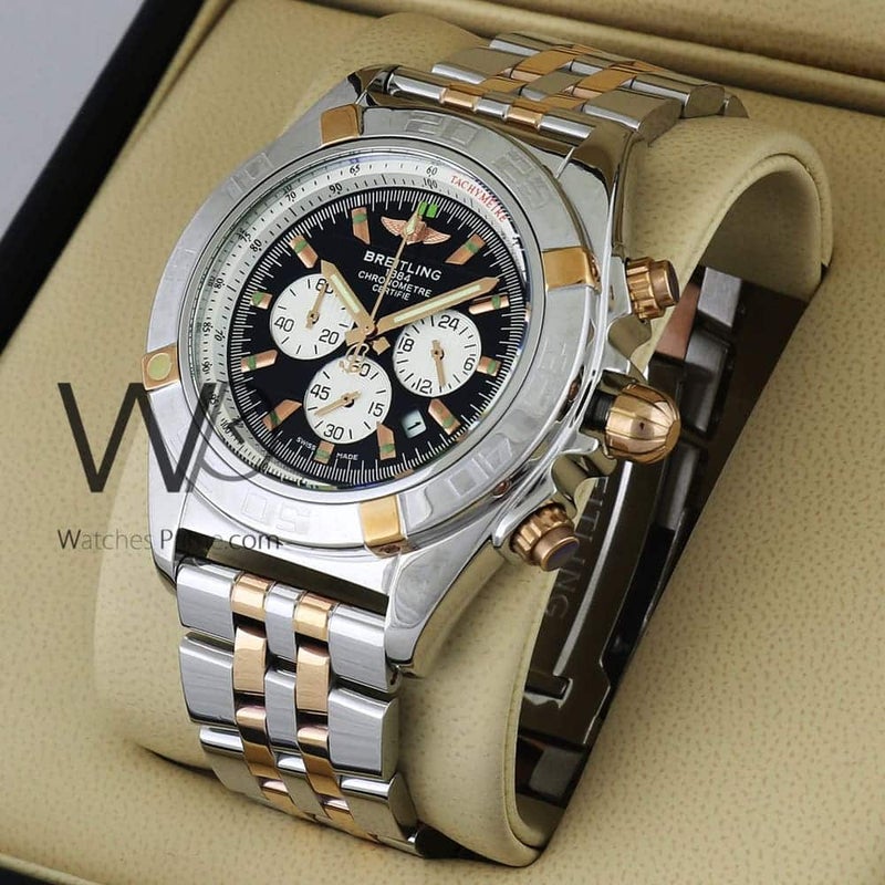 Breitling Chronograph Black Watch for Men with Silver and Rose gold Stainless steel strap