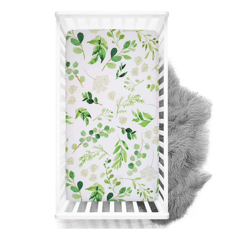 HNHUAMING Crib Sheets HNHUAMING Neutral Baby Crib Fitted Sheets Ultra Soft Breathable 52 X 28 inch Crib Sheet Snug Fits for Standard Crib Mattress Green Leaves