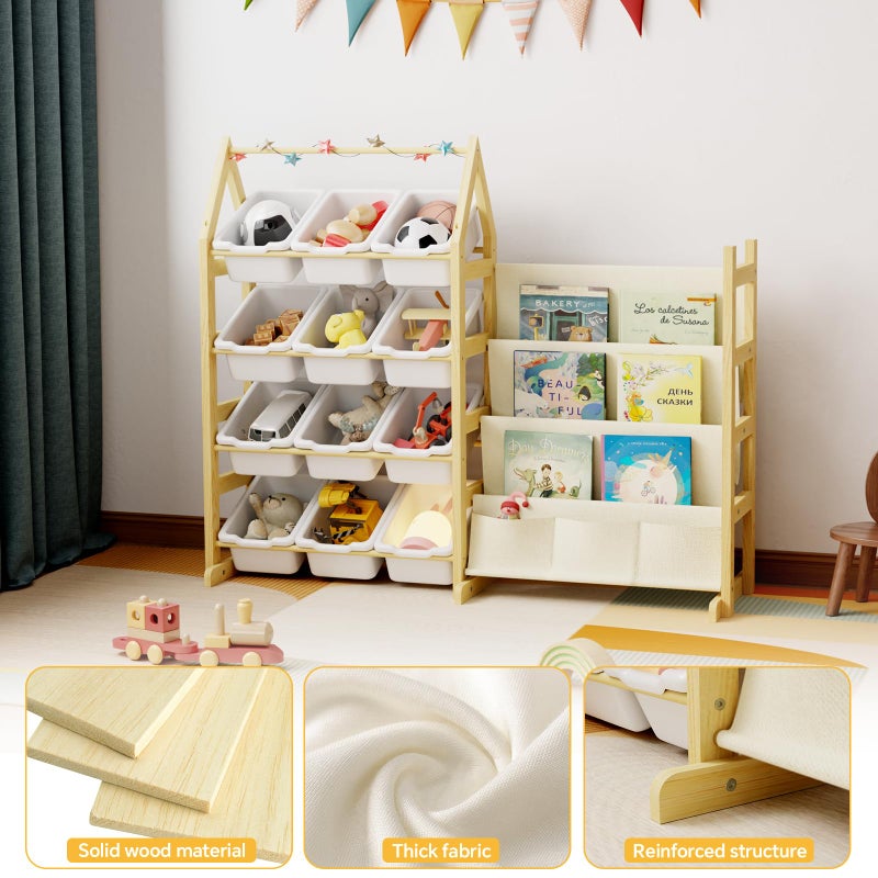Oenalw Wooden Toy Storage Organizer Kids Bookshelf, with 12 Toy Organizer Bins, Child Book Shelf for Kids Rooms, Nursery, Baby Room, Playroom, Montessori Toys Storage Organizers Rack Bookcase Shelves - Image 3
