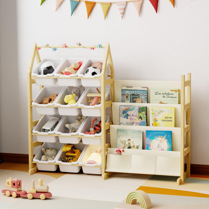 Oenalw Wooden Toy Storage Organizer Kids Bookshelf, with 12 Toy Organizer Bins, Child Book Shelf for Kids Rooms, Nursery, Baby Room, Playroom, Montessori Toys Storage Organizers Rack Bookcase Shelves - Image 1