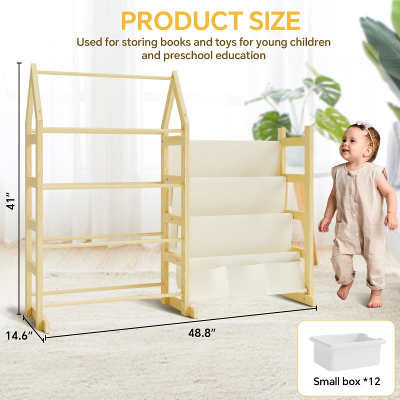 Oenalw Wooden Toy Storage Organizer Kids Bookshelf, with 12 Toy Organizer Bins, Child Book Shelf for Kids Rooms, Nursery, Baby Room, Playroom, Montessori Toys Storage Organizers Rack Bookcase Shelves - Image 5