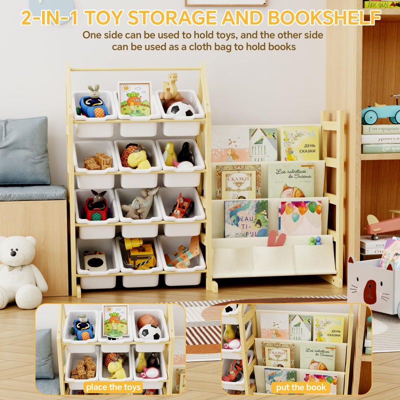 Oenalw Wooden Toy Storage Organizer Kids Bookshelf, with 12 Toy Organizer Bins, Child Book Shelf for Kids Rooms, Nursery, Baby Room, Playroom, Montessori Toys Storage Organizers Rack Bookcase Shelves - Image 2