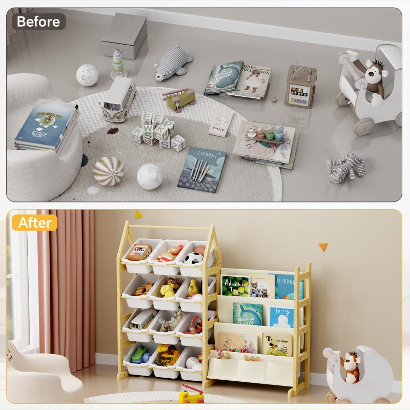 Oenalw Wooden Toy Storage Organizer Kids Bookshelf, with 12 Toy Organizer Bins, Child Book Shelf for Kids Rooms, Nursery, Baby Room, Playroom, Montessori Toys Storage Organizers Rack Bookcase Shelves - Image 4