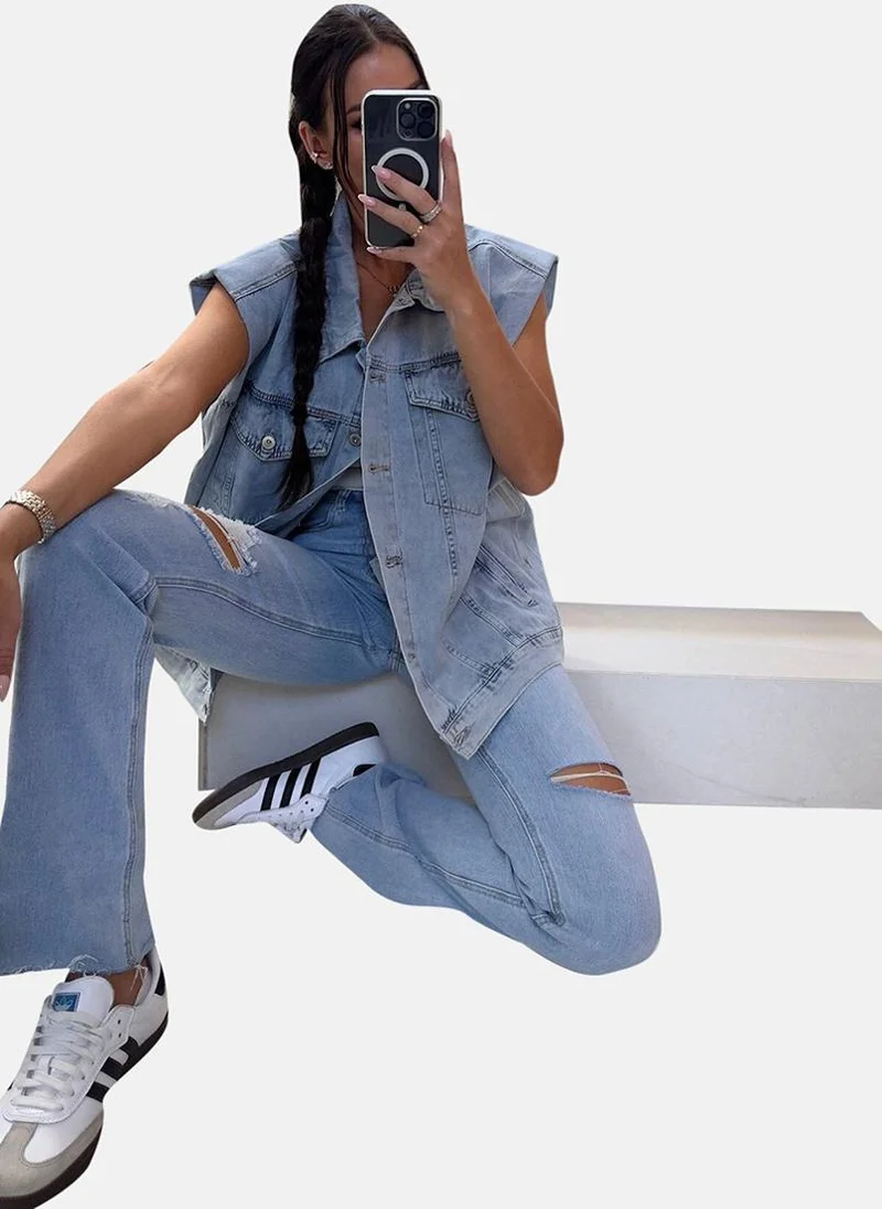 يونيكي Blue Spread Collar Sleeveless Denim Jackets