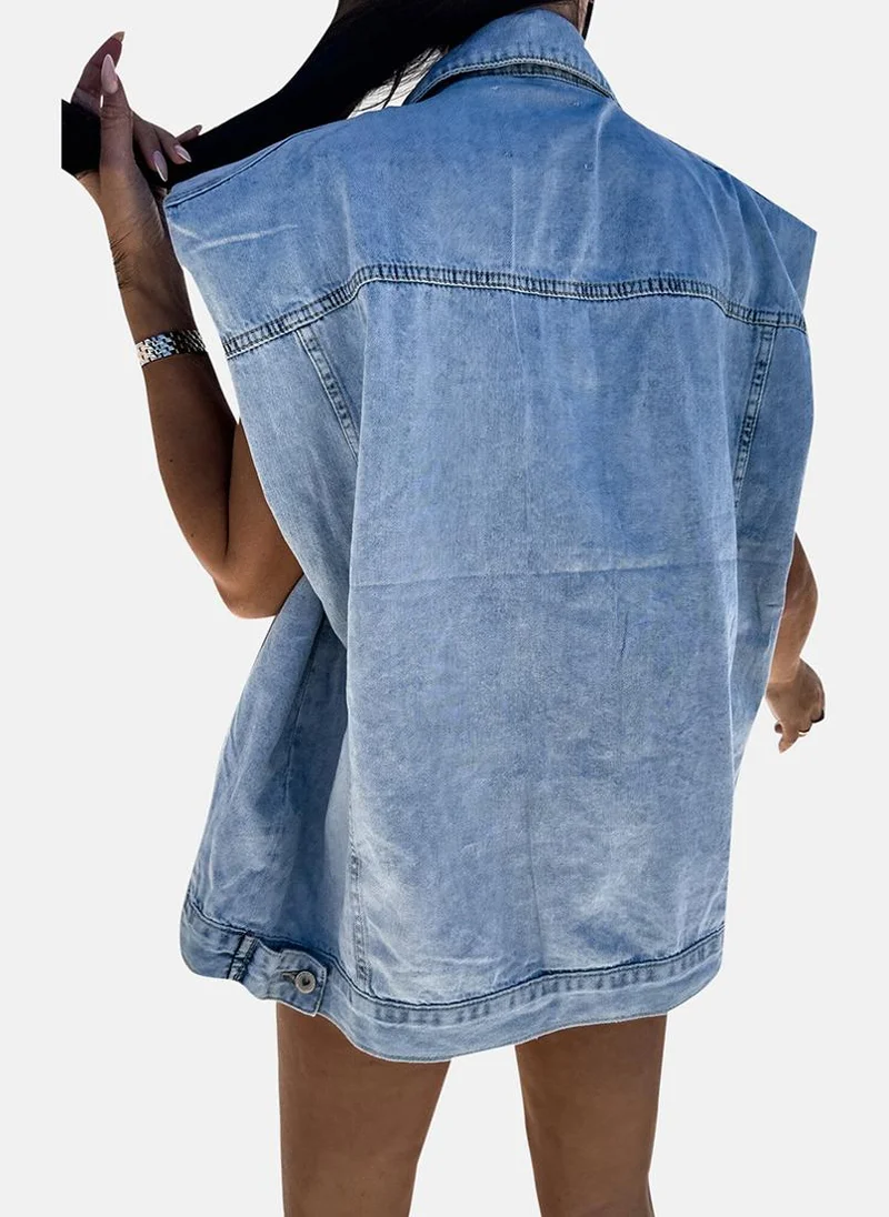 يونيكي Blue Spread Collar Sleeveless Denim Jackets
