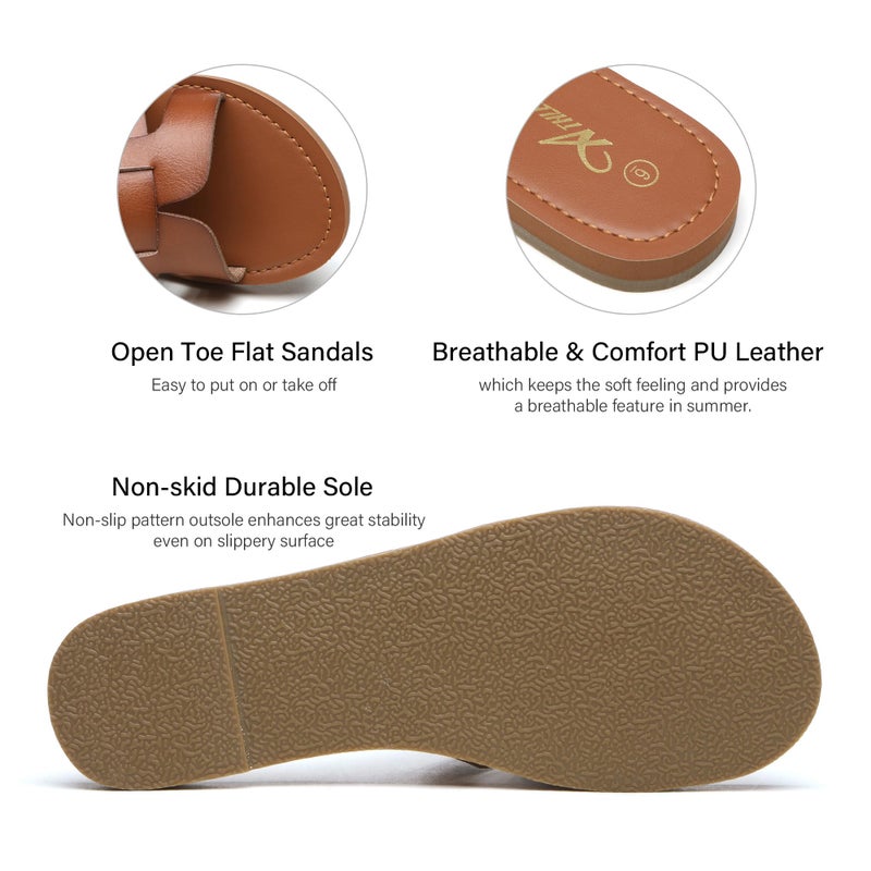 Athlefit Women's Flat Sandals Summer Casual Slip On Leather Slide Sandals Brown Size 8 - Image 5