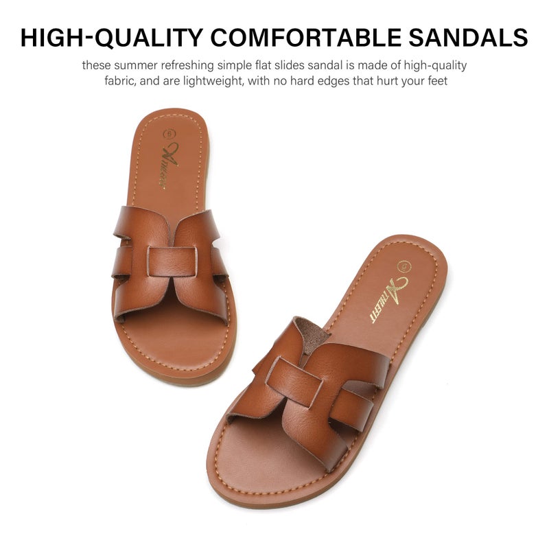 Athlefit Women's Flat Sandals Summer Casual Slip On Leather Slide Sandals Brown Size 8 - Image 4