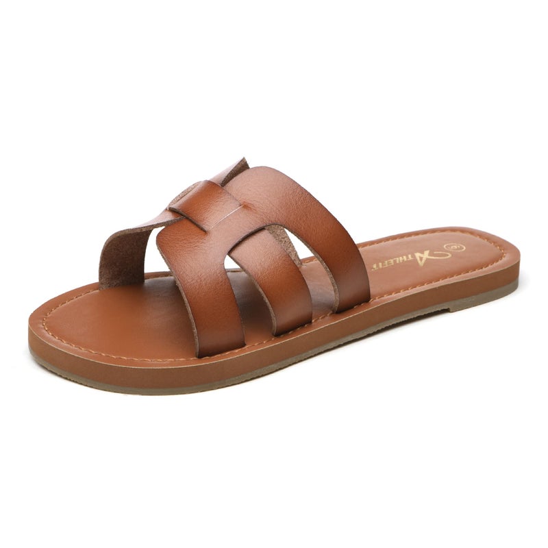 Athlefit Women's Flat Sandals Summer Casual Slip On Leather Slide Sandals Brown Size 8 - Image 1