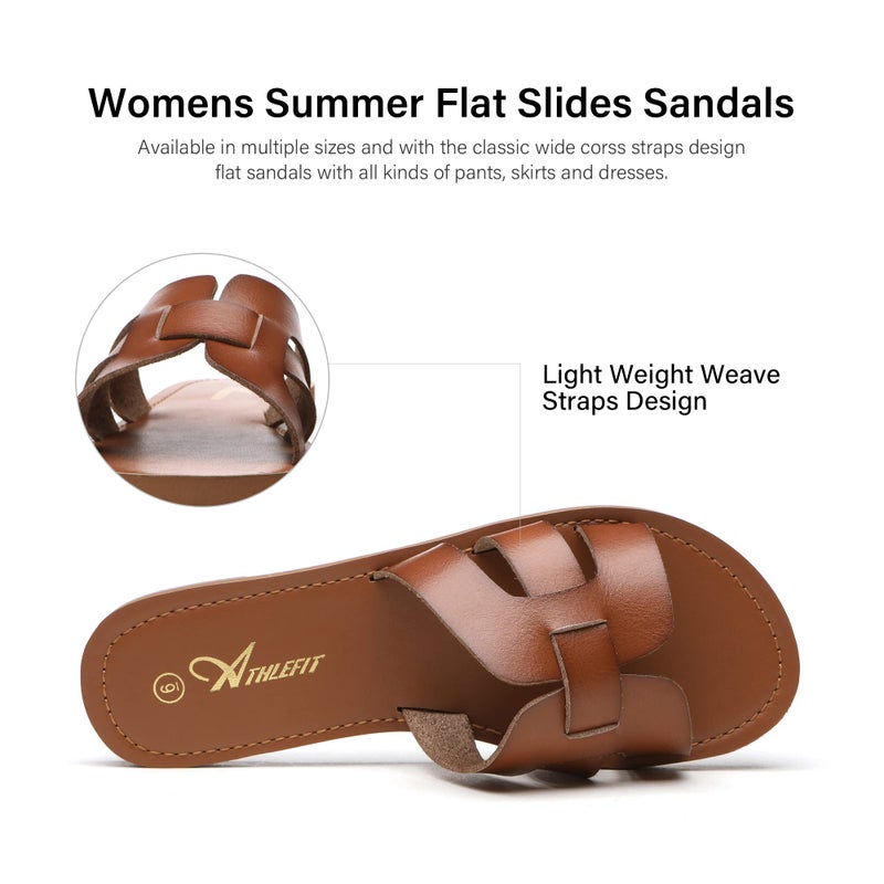 Athlefit Women's Flat Sandals Summer Casual Slip On Leather Slide Sandals Brown Size 8 - Image 3