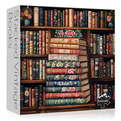 PICKFORU Vintage Book Puzzles for Adults 1000 Pieces Bookshelf Wildflower Pages Jigsaw Puzzle Retro Library Aesthetic Puzzle Floral Challenging Hard Puzzles for Book Lovers - Image 1