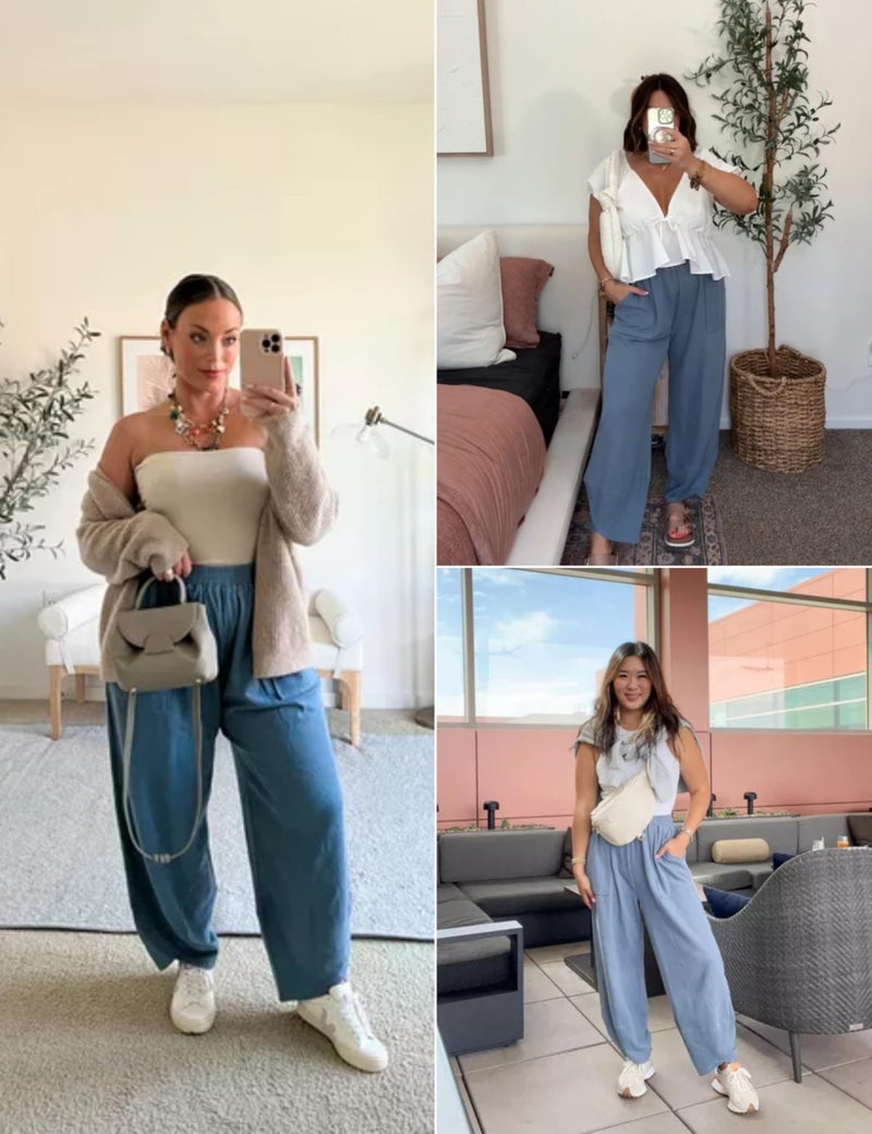 Xiaoxuemeng Womens Baggy Wide Leg Pants Casual Elastic Waisted Palazzo Harem Pants with Pockets(Dustyblue-S) - Image 4