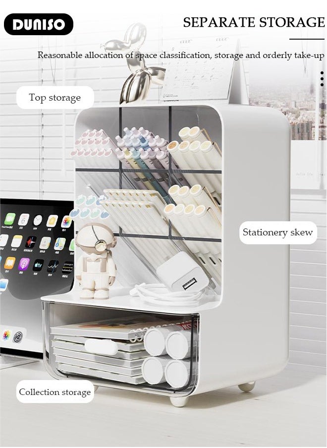 DUNISO Pen Organizer, Pencil Holder Storage Box for Desk, Multi-Functional Desk Organizer with Drawer, Desk Organizer with Drawer,  Large capacity , DIY Storage, for School, Home, Art Supplies  - Image 2