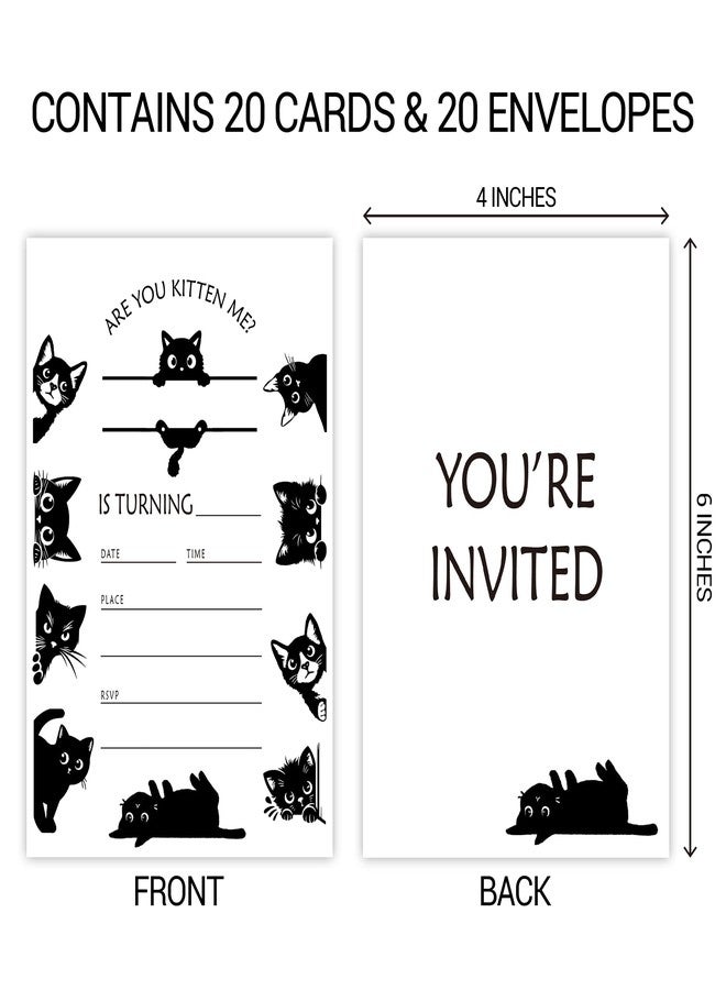 ZYQFN 20 Black Cat Birthday Invitations for Girls Boys Kids Adult with Envelopes - 4x6 Inch Kitten Card, Cute Pet Themed Party Invites. (030) - Image 2