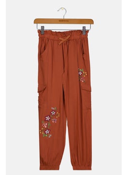 Kids Girl Embroidered Pull On Pants, Brown