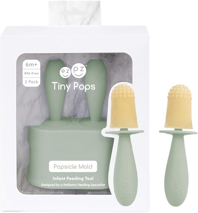 ezpz Tiny Pops (2-Pack) - Silicone Popsicle Mold Ice Cream Mold for Infants - Easy for Baby’s Grasp - Dishwasher Safe - 4 Months+ (Sage) - Image 1
