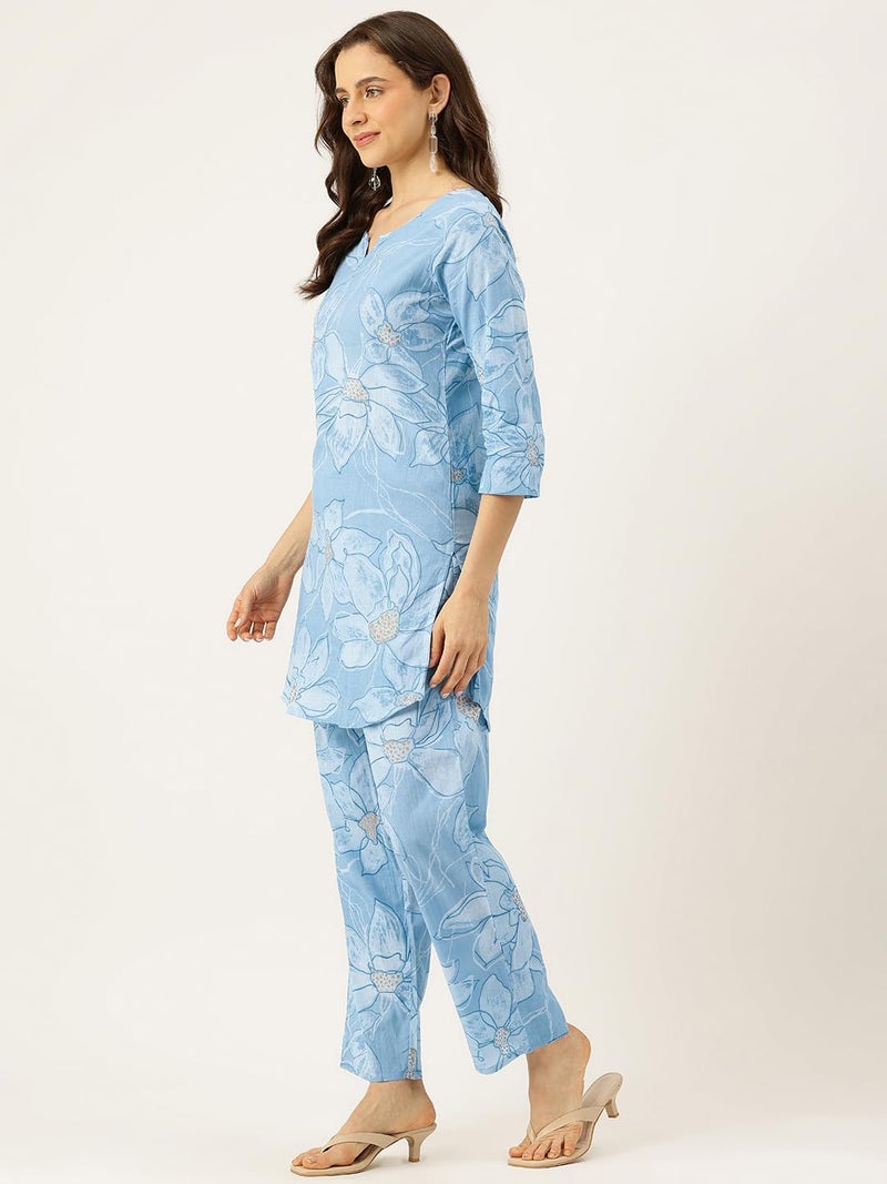 feranoid Floral Printed Cotton Co-Ord Set – Breezy Prints, Chic Fit Sky Blue - Image 5