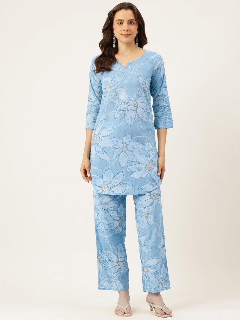 feranoid Floral Printed Cotton Co-Ord Set – Breezy Prints, Chic Fit Sky Blue - Image 2