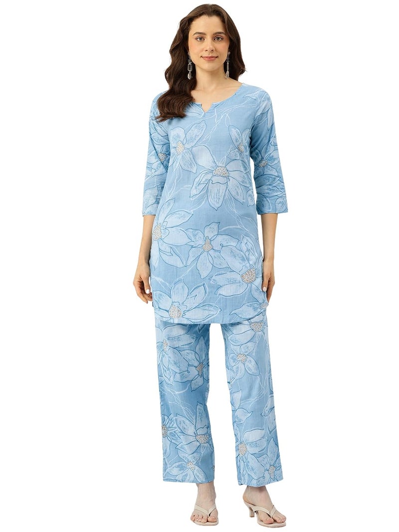 feranoid Floral Printed Cotton Co-Ord Set – Breezy Prints, Chic Fit Sky Blue - Image 1